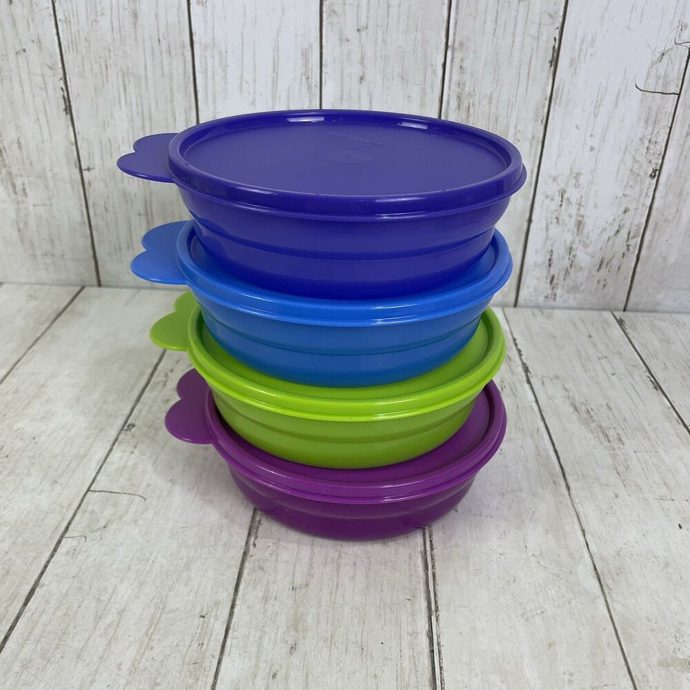 Tupperware Microwave Reheatable Cereal Bowls Set of 4 Colorful Lids 2415B-1 NEW